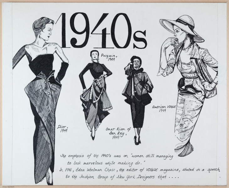 Fashion Timeline, 1930's & 1940's, pen & ink