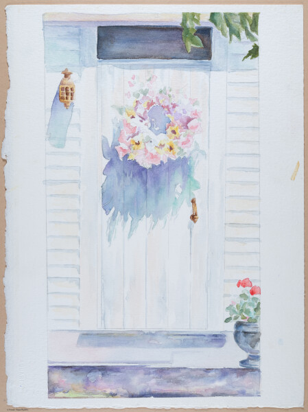 Porte avec couronne de fleurs.Karen McCombe painting course, non-original work. 