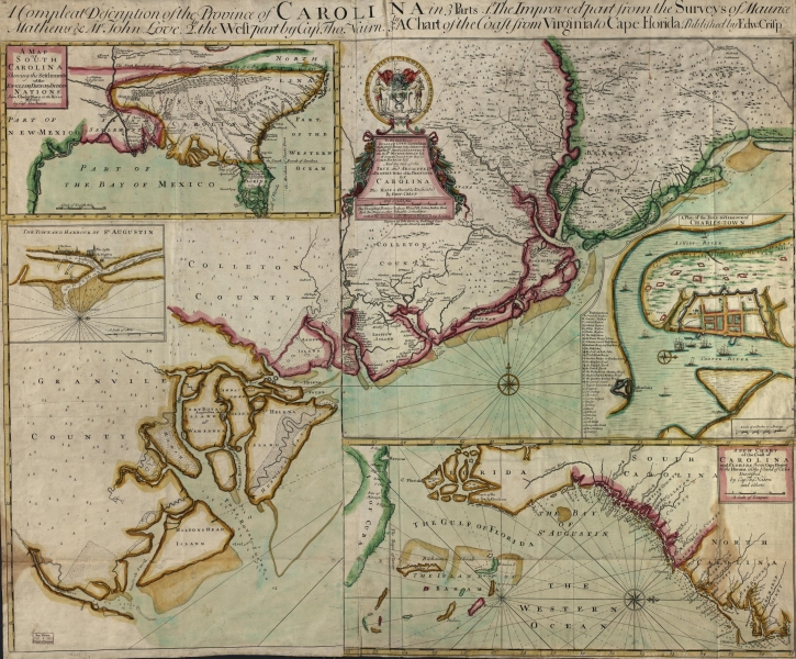 [ 2024-06-12 18:52:45 ] A compleat description of the province of Carolina in 3 parts : 1st, the improved part from the surveys of Maurice Mathews & Mr. John Love : 2ly, the west part by Capt. Tho. Nairn : 3ly, a chart of the coast from Virginia to Cape Florida, c. 1711